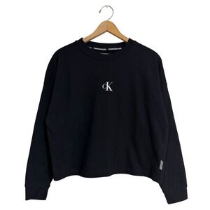 Calvin Klein Jeans Women Black Long Sleeve Crop Crew Neck Pullover Sweatshirt
